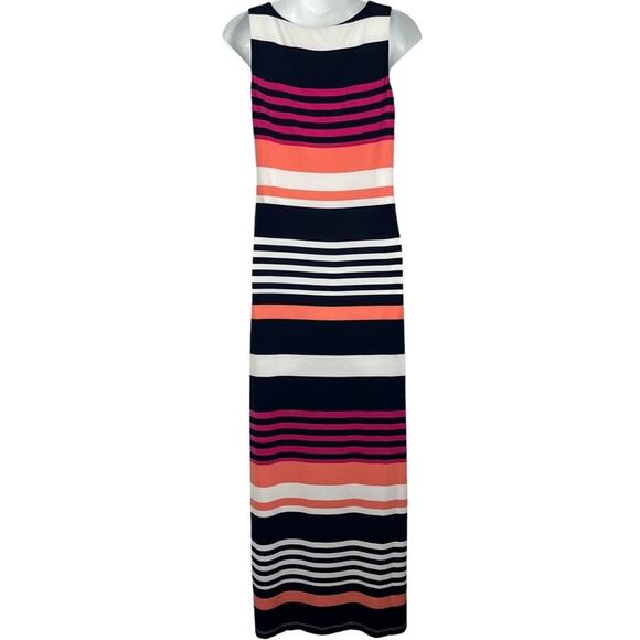 JESSICA HOWARD Stripe Navy Blue Pink Sleeveless Maxi Jersey Knit Stretch Dress S - Picture 11 of 16
